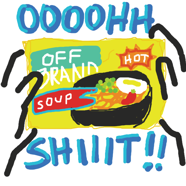 as hunger overcomes all senses, Jake finds his last pack of Off Brand Soup. He decides it's time to make some noods. - Online Drawing Game Comic Strip Panel by ezszmz