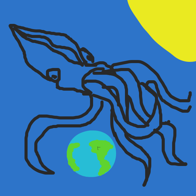 The Cosmic Kraken floats in space above the planet where George the Giraffe and his new friends compare their measly heights - Online Drawing Game Comic Strip Panel by NebularMaze