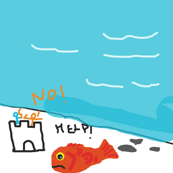 Fish out of water is harassed by little people living in sand castle - Online Drawing Game Comic Strip Panel by HiveMind
