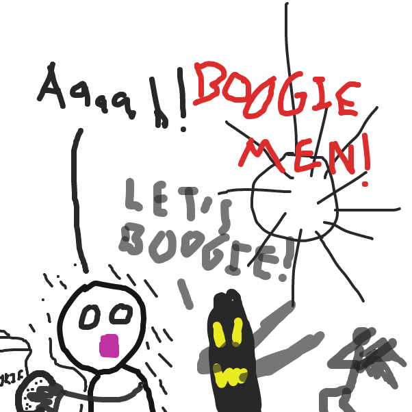 A poor child is being punished for stealing cookies in the middle of the night. Now he is being punished by the Boogie Men and forced to witness terrible dance moves. - Online Drawing Game Comic Strip Panel by HiveMind