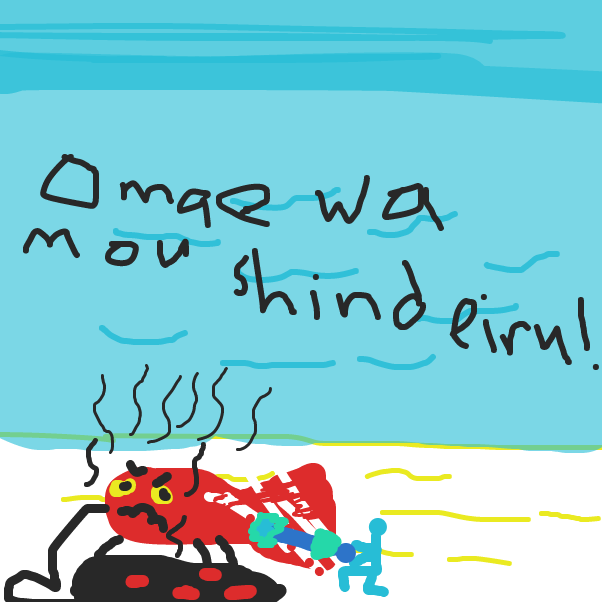 Fish being sizzled while also being destroyed by angry person who is using a grill to cook the fish - Online Drawing Game Comic Strip Panel by HiveMind