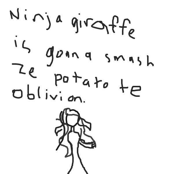 Woman is singing in the background while a giraffe fights with a potato in Switzerland. - Online Drawing Game Comic Strip Panel by HiveMind