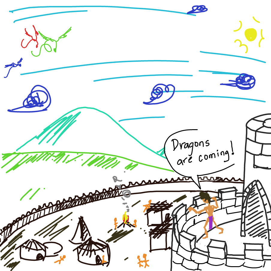 Just as the title says... Dragons are coming! But, why? - Online Drawing Game Comic Strip Panel by ArelaEstudio