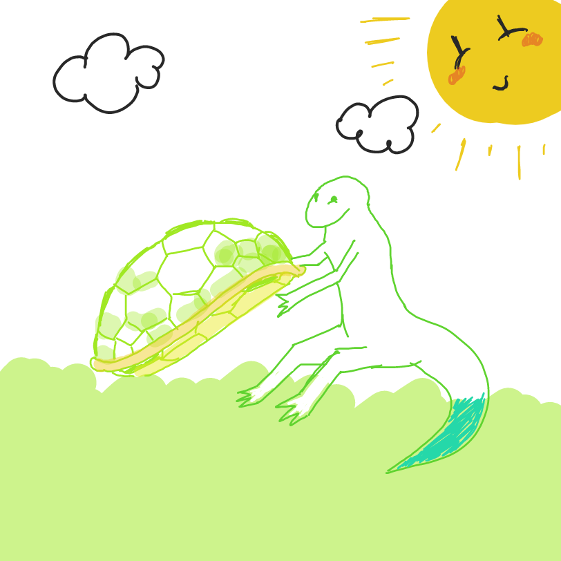 Blue-tailed lizard finds the fabled T-shell. - Online Drawing Game Comic Strip Panel by ArelaEstudio