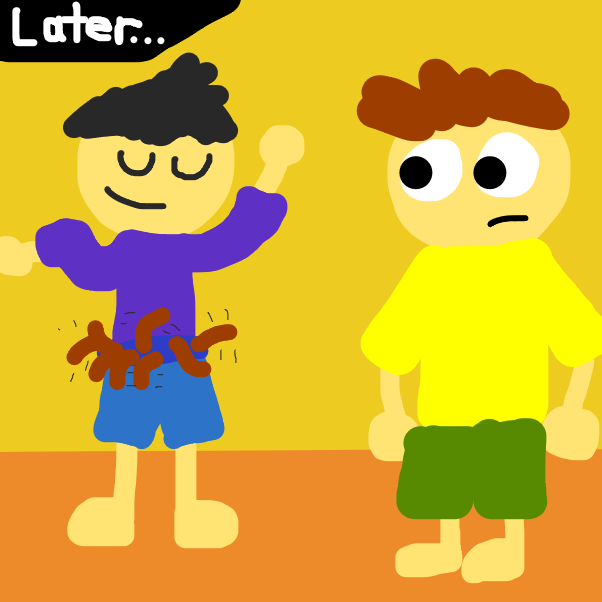 Later, the guy continues dancing for the dog, despite the dog leaving him. A friend comes over to see what's up with him. Here's what he sees. - Online Drawing Game Comic Strip Panel by Symmetricalist