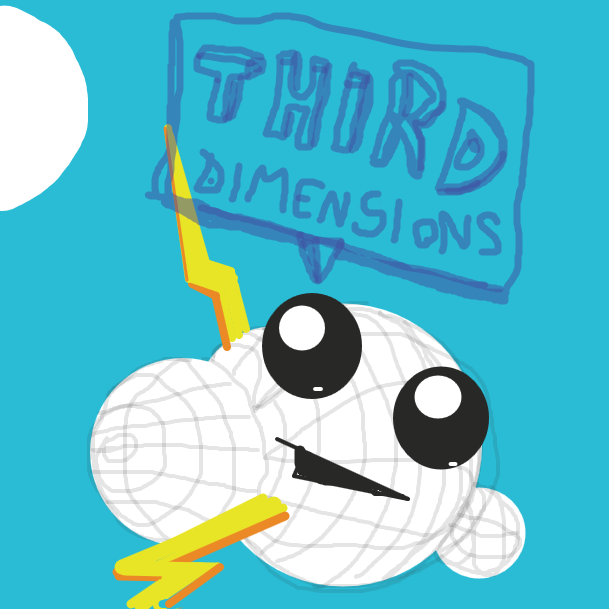 Bob the cloud shouts, "THIRD DIMENSIONS". and is drawn in geometric 3D. The other cloud is just off camera. - Online Drawing Game Comic Strip Panel by bill