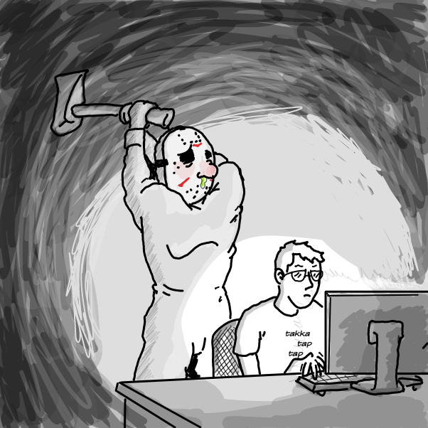 A hacker about to get hacked by a hacker with a hacking cold. Let's make this the hackiest hack to ever hack. - Online Drawing Game Comic Strip Panel by Wizard Croissant