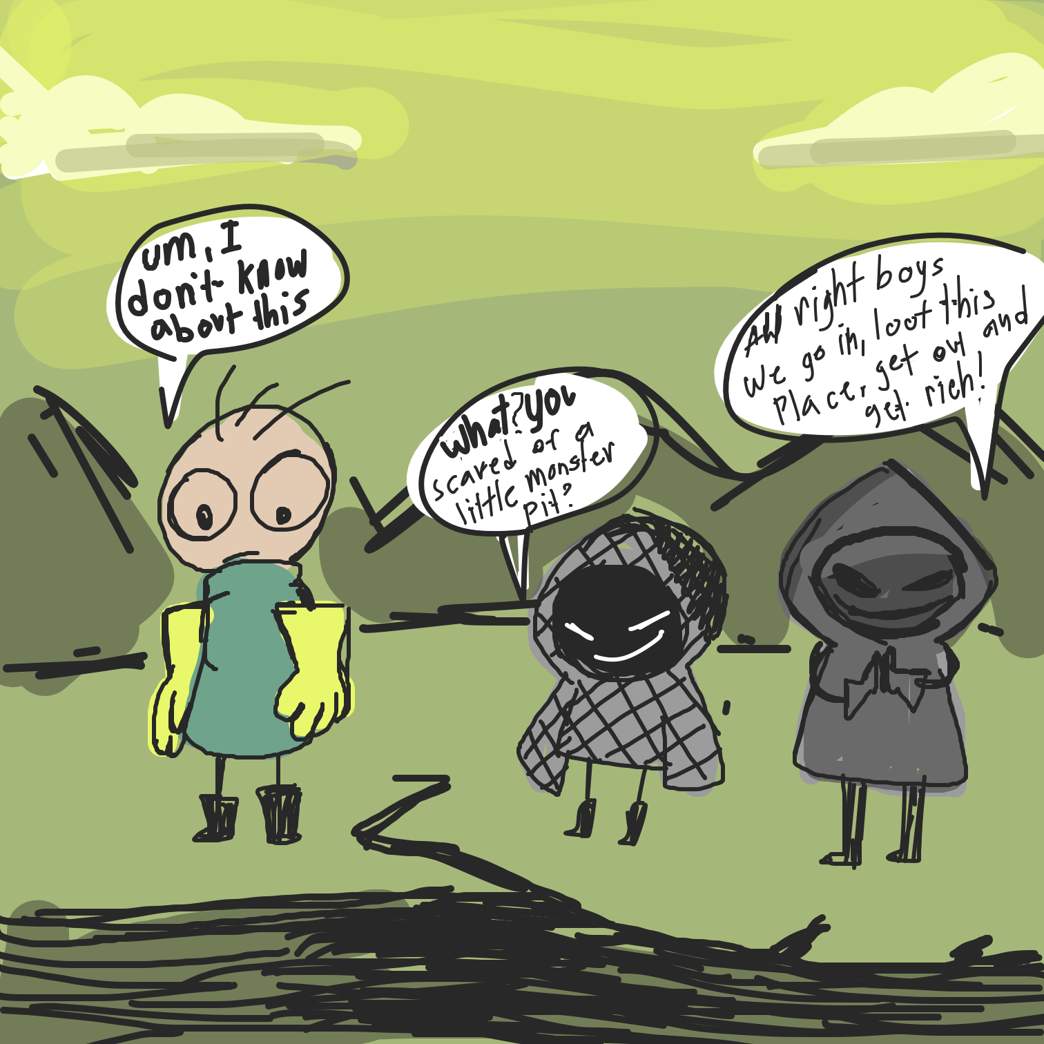 Bases on a weird dream I had, these guys are pit jumpers and they loot monster caves for profit.  - Online Drawing Game Comic Strip Panel by Juleefish 