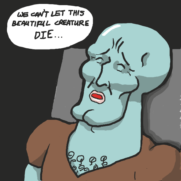 Gorgeous Squidward is dying! Only cute, blue, elf-like alien surgeons with green, orbous eyes can save him! - Online Drawing Game Comic Strip Panel by redheadsoldier