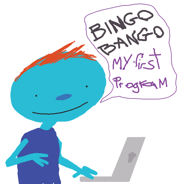 Blue dude with red hair just coded his first program. What a proud dude. - Online Drawing Game Comic Strip Panel by jamdaddy