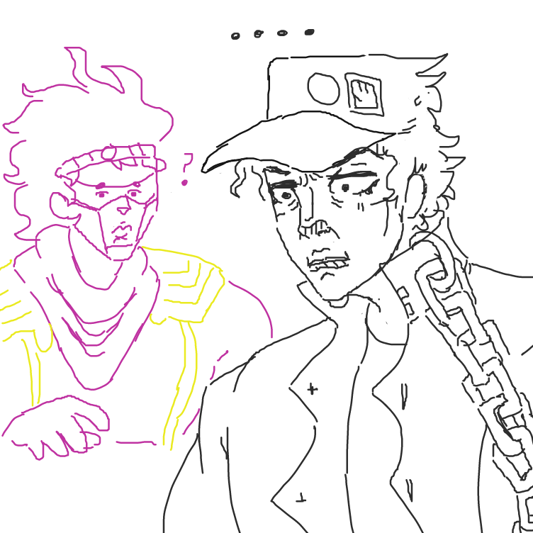 Jotaro witnesses the unholy scene happening right in front of him, he has no idea who these people are but they look familiar. His stand blanky stares confused in the background. - Online Drawing Game Comic Strip Panel by Disabled1