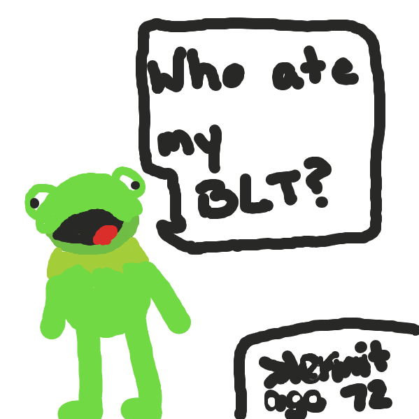 "Who ate my Blt?" asks Kermit and in the distants he hears Miss.Piggy's gasp! Could Miss.Piggy have eaten Kermits BLT and will Kermit fight who ever takes it? Who knows - Online Drawing Game Comic Strip Panel by Day.__.Doodles
