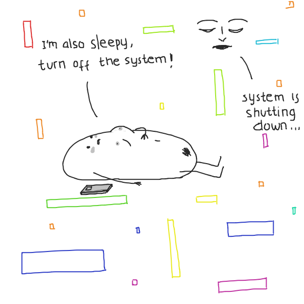 The face on the wall is an AI (Something like Jarvis or HAL2000), the squares are getting smaller (compared to the previous panel) because the system is shutting itself down so that the bean character can sleep - Online Drawing Game Comic Strip Panel by Fathur