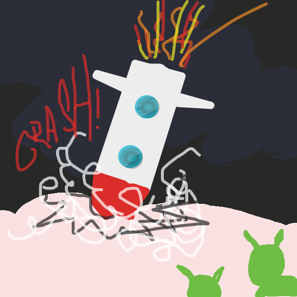 The spaceship performs a crash-landing on a red planet...two green aliens look onwards - Online Drawing Game Comic Strip Panel by jamdaddy