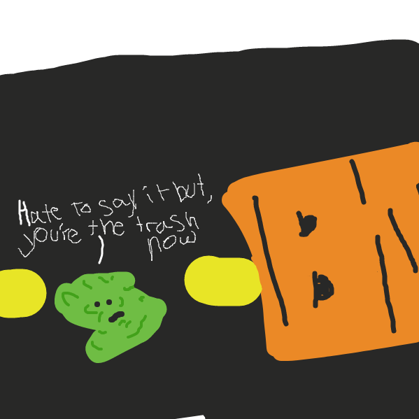 An old piece of gum informs the bag that he(?) is now trash. The gum has been there for years, forever stuck to the ground... and part of someones shoe. - Online Drawing Game Comic Strip Panel by PING