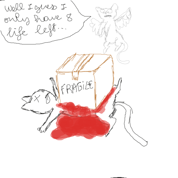 the monologue was interrupted by a box, the cat died and as cats has 9 life, he only has 8 left...  - Online Drawing Game Comic Strip Panel by mila