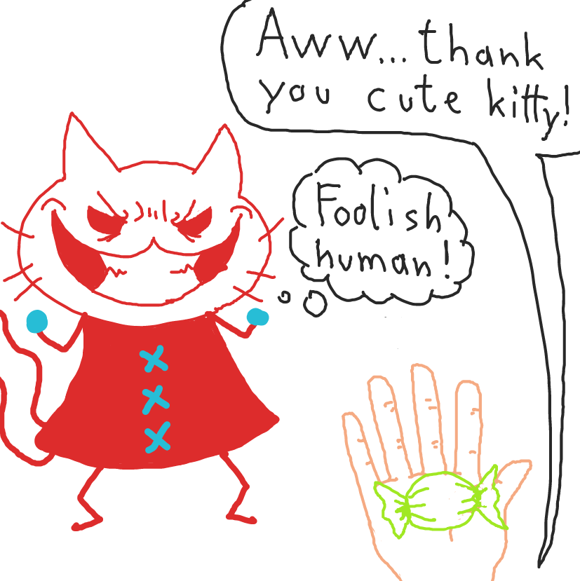 The cat makes a person eat a candy that contains an eyeball. - Online Drawing Game Comic Strip Panel by Sushi_Senpai