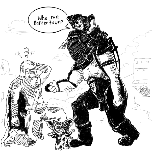 Baby Gizmoda wanted a little Mad Max crossover too. - Online Drawing Game Comic Strip Panel by Wizard Croissant