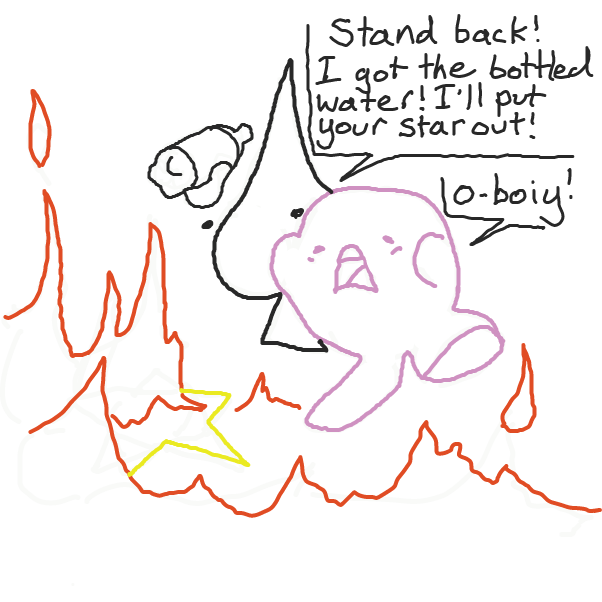 Kirby arrived but his star caught on fire in the blaze! How are they going to put his star out? - Online Drawing Game Comic Strip Panel by muddyrock