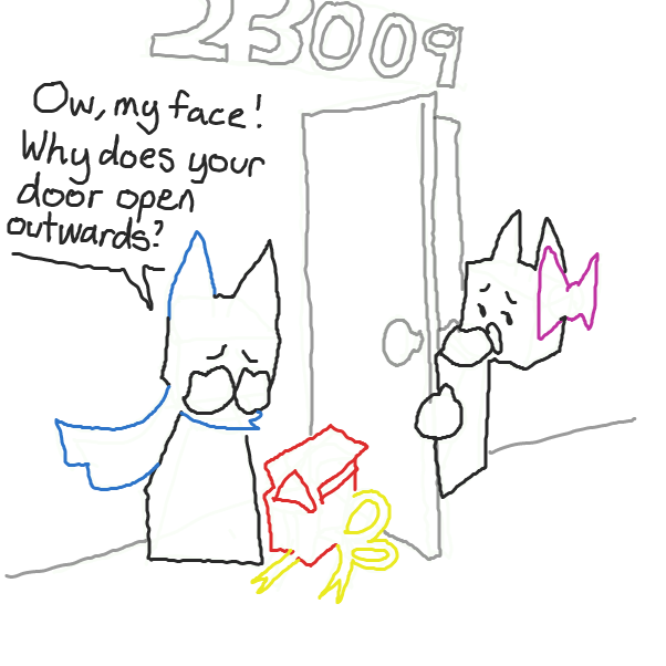 The blue one and their present got a face full of door! The real question is will that gift be okay? - Online Drawing Game Comic Strip Panel by muddyrock