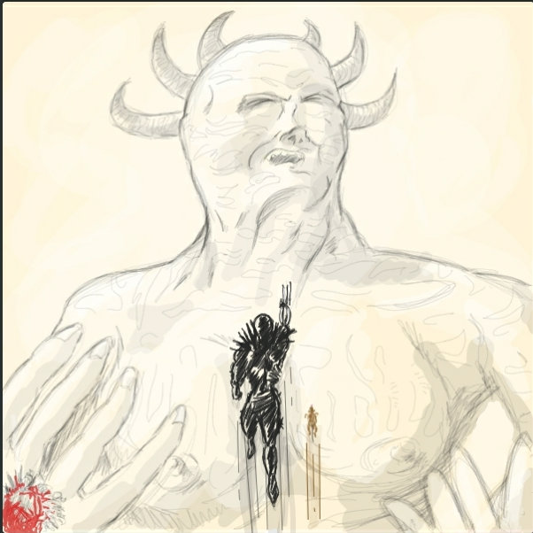 Thank goodness I was able to grab a screenshot and upload my panel. It froze up on me right before I was touching up and about to finish. 😥 - Online Drawing Game Comic Strip Panel by Wizard Croissant