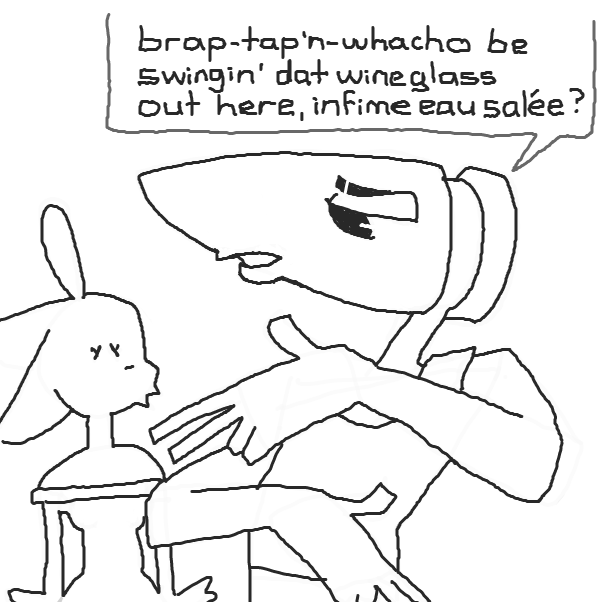 lookout milkytracker, he has gangster hands and google-translated french! time to run? - Online Drawing Game Comic Strip Panel by Chepley