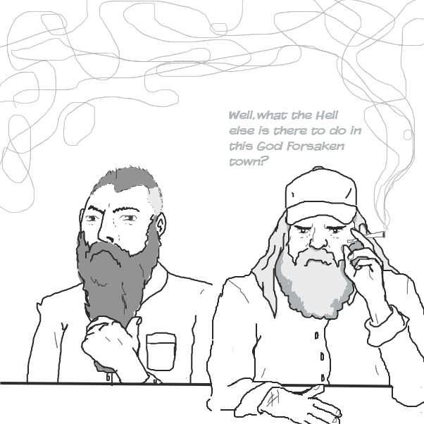 Jesus (right): dismayed at lack of entertainment.

His workmate/pal (left): about to have a bright idea. - Online Drawing Game Comic Strip Panel by damnedhippie