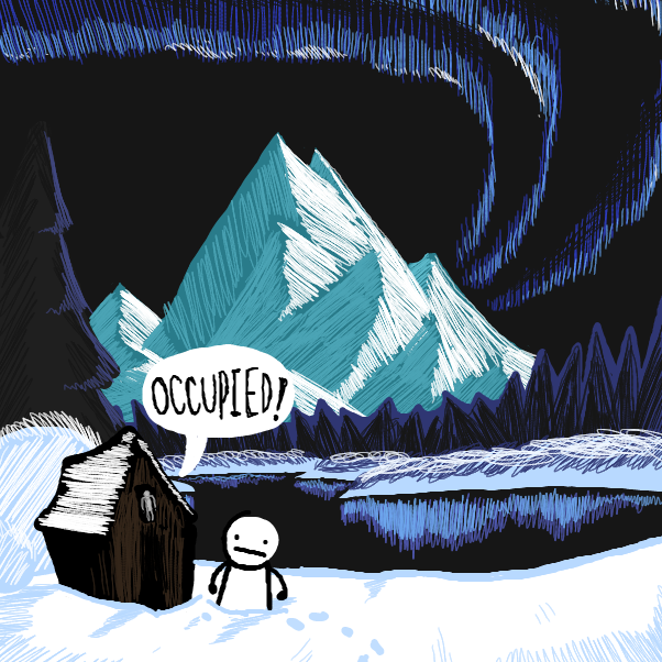 local man tries using the bathroom in a Bob Ross painting - Online Drawing Game Comic Strip Panel by Cheddar Teeth