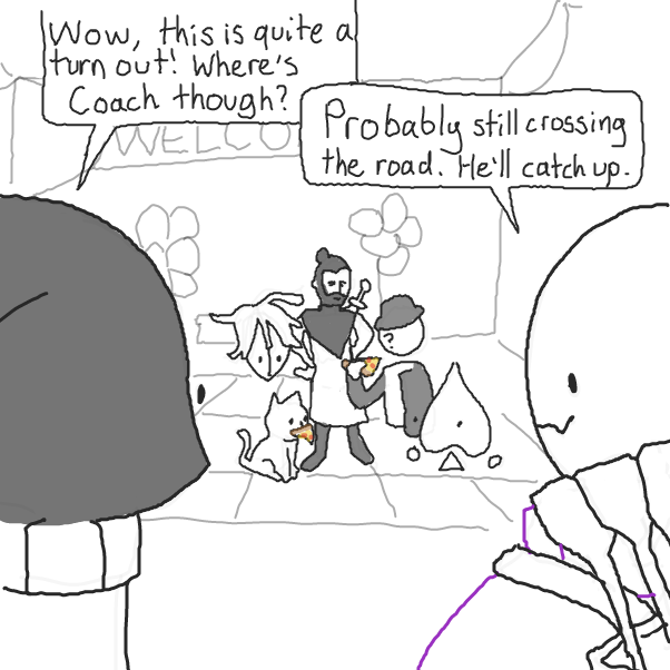 party! eat pizza! with bullet hole in! yumyum! - Online Drawing Game Comic Strip Panel by TagTeamChepley