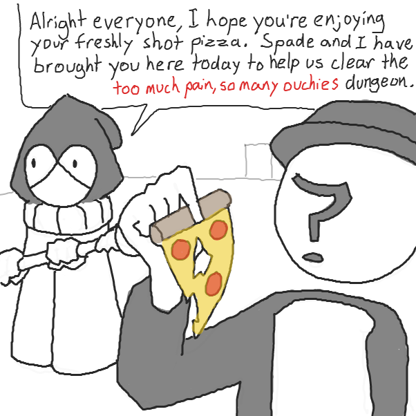 Mystery considering whether consumption of bullet wound pizza is a good idea... - Online Drawing Game Comic Strip Panel by Chepley