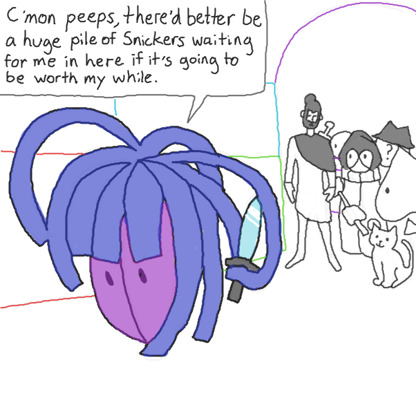 Goddess of Destruction making that first step, in the name of having some munchies! - Online Drawing Game Comic Strip Panel by TagTeamChepley