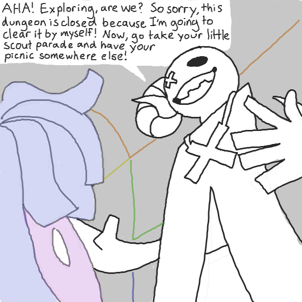 a familiar face guards the dungeon entrance! How will we handle this? - Online Drawing Game Comic Strip Panel by Chepley