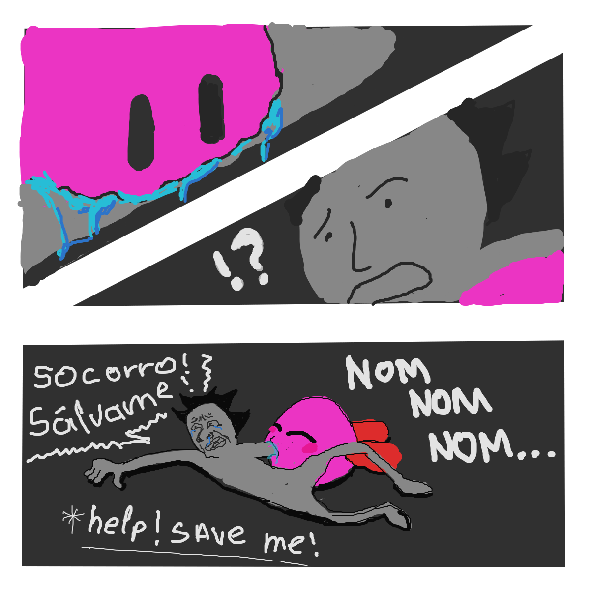 Damn Kirbo is unstoppable! Btw I don’t understand Spanish UWU. Sowwy  - Online Drawing Game Comic Strip Panel by l’intrus