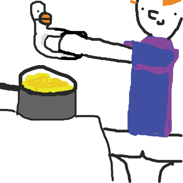 He squats, slowly placing the chicken in a pot with the noodles. He smile. - Online Drawing Game Comic Strip Panel by GawkyTokki