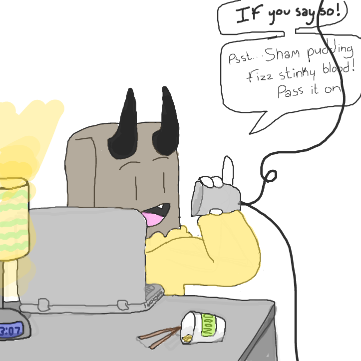 Psst;; Sham pudding fizz stinky blood! Pass it on! - Online Drawing Game Comic Strip Panel by wrecktangle