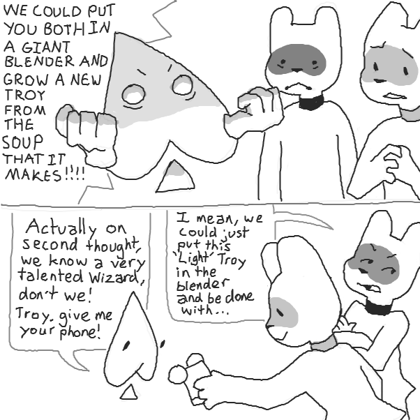 perhaps they can get help from a certain magical Croissant?
the type of Wizard who could perform a magic trick using a wand and a cupboard to recombine the light and dark personifications of a slugcat?
 - Online Drawing Game Comic Strip Panel by Chepley