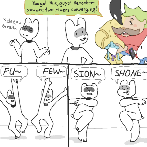 the last part of the fusion dance is where they both shout 'HA' or something and do the gesture that XavvyCroissant described, is that right?
will they get it right? will it work!? aa!!
 - Online Drawing Game Comic Strip Panel by Chepley