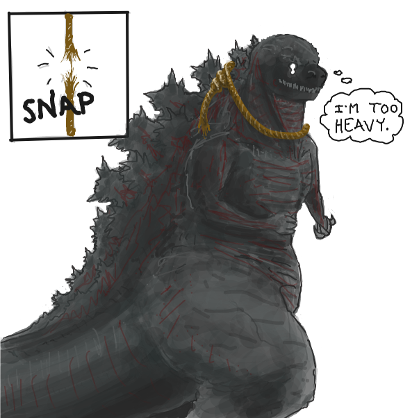 Drawing in Godzilla hanging himself by Buckawn