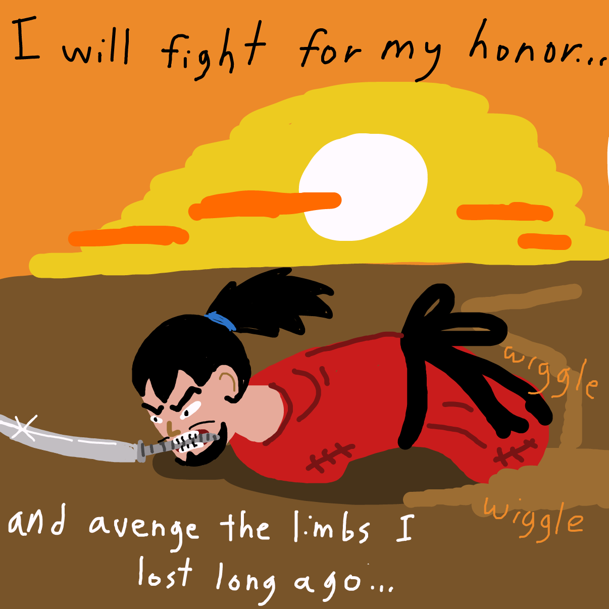 With a heart full of resolve and a katana between his teeth, the Limbless Samurai wriggles off to a quest of vengeance and justice... - Online Drawing Game Comic Strip Panel by bajira