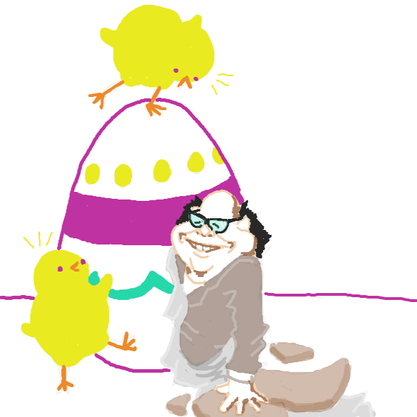 oops I interpreted that as a giant chocolate egg with foil before I saw how the cracks went... maybe a giant chocolate egg with foil could describe danny devito too somehow
 - Online Drawing Game Comic Strip Panel by Chepley