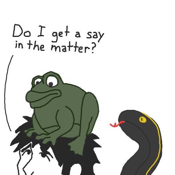 man is rotating.... slowly...
I could not find a reference for the snake I hope that is the right idea with the yellow markings! - Online Drawing Game Comic Strip Panel by Chepley