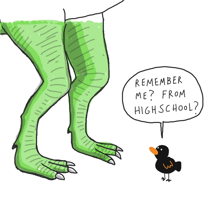 Drawing in black bird by chin