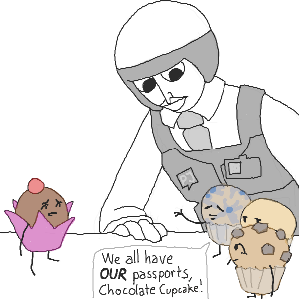 the muffins are not being very empathetic to chocolate cupcake!!
what is chocolate cupcake going to do?

huh? reference? no, no! that's just the generic security guard whose hand we saw in panel 2, doing a standard passport check on confectionary.......
 - Online Drawing Game Comic Strip Panel by Chepley