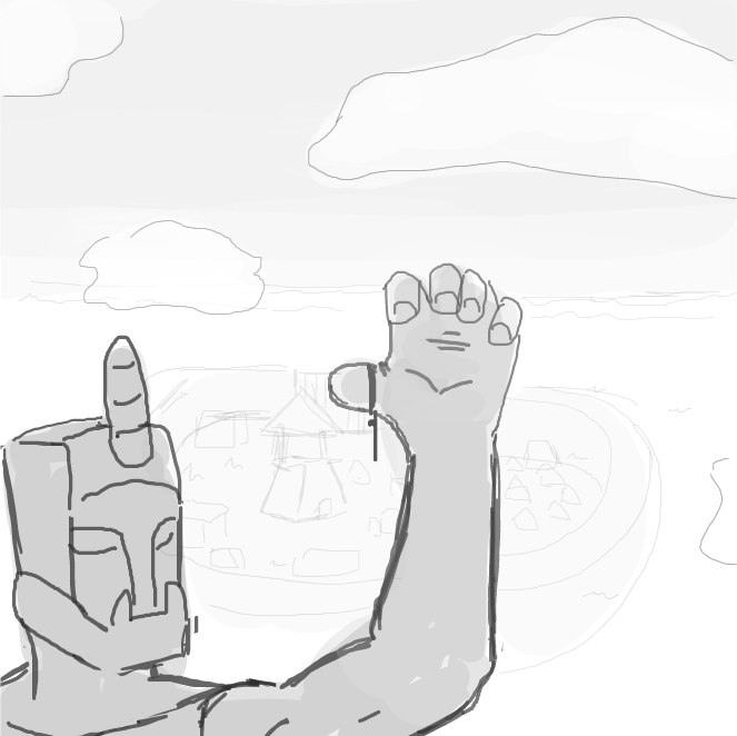 Climbing up on a gigantic statue, Maybe to enjoy the view? Perhaps have a picnic on the hand!? Who knows - Online Drawing Game Comic Strip Panel by Sluggishfella
