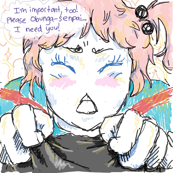 kawaii desu anime girl grips obunga's shirt and begs him not to go - Online Drawing Game Comic Strip Panel by daisy key chain