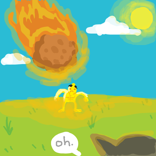 In the midst of Samson and Bob's epic battle, a large asteroid is set to land right on top of our poor Bob! What happens next for our doomed hero? Will he survive nature's cruel wrath? - Online Drawing Game Comic Strip Panel by aniesque