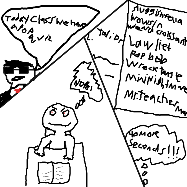 Light doesn't feel like taking the pop quiz so he attempts to kill his teach using his death note - Online Drawing Game Comic Strip Panel by TerminatedUser