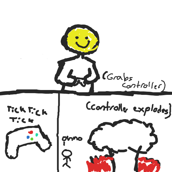 The controller explodes when he picks it up - Online Drawing Game Comic Strip Panel by Augustus