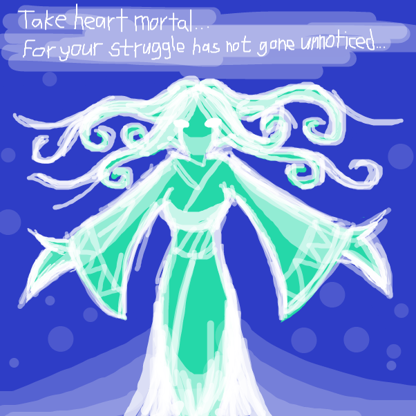 A divine spirit has taken notice of our amputated hero's hardships. What motives or reasons does she have for manifesting in front of him in person will soon be revealed. - Online Drawing Game Comic Strip Panel by SeanTrunks