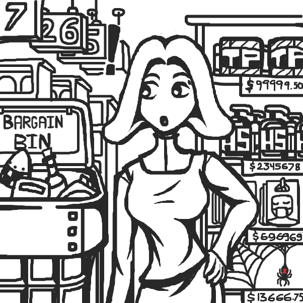 Vicky notices the bargain bin. - Online Drawing Game Comic Strip Panel by SeanTrunks